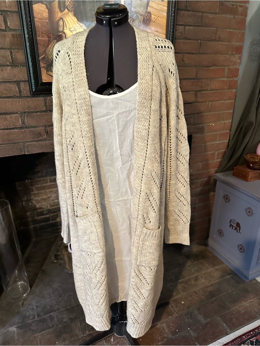 Bobeau xl long cardigan open front cream kakhi open knit